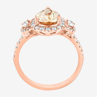 Effy Final Call Womens Genuine Pink Morganite & 1/4 CT. T.W. Mined Diamond 14K Rose Gold Pear Halo Side Stone Cocktail Ring