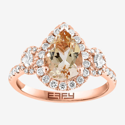 Effy Final Call Womens Genuine Pink Morganite & 1/4 CT. T.W. Mined Diamond 14K Rose Gold Pear Halo Side Stone Cocktail Ring