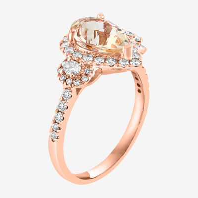 Effy Final Call Womens Genuine Pink Morganite & 1/4 CT. T.W. Mined Diamond 14K Rose Gold Pear Halo Side Stone Cocktail Ring