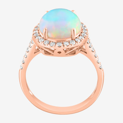 Effy Final Call Womens Genuine White Opal & 3/8 CT. T.W. Natural Diamond 14K Rose Gold Oval Halo Side Stone Cocktail Ring