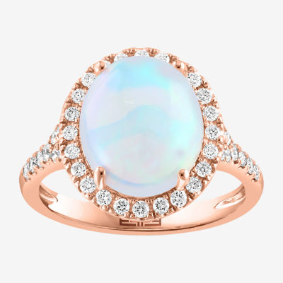 Effy Final Call Womens Genuine White Opal & 3/8 CT. T.W. Natural Diamond 14K Rose Gold Oval Halo Side Stone Cocktail Ring