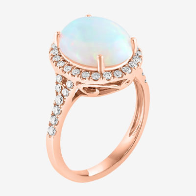 Effy Final Call Womens Genuine White Opal & 3/8 CT. T.W. Natural Diamond 14K Rose Gold Oval Halo Side Stone Cocktail Ring