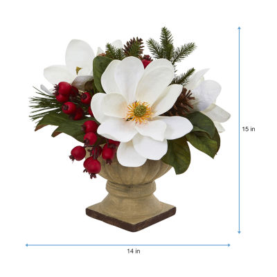 Nearly Natural Magnolia Pine & Berry Faux Arrangement Christmas Tabletop Decor