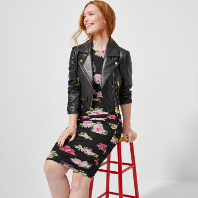 Moto Prints: Floral Sheath Dress, Faux-Leather Motorcycle Jacket, Worthington Heels, Liz Claiborne Hoop Earrings