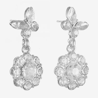 Monet Jewelry Timless Silver Tone Glass Simulated Pearl Butterfly Flower Drop Earrings