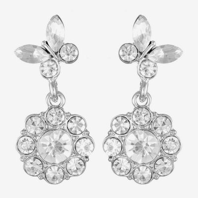 Monet Jewelry Timless Silver Tone Glass Simulated Pearl Butterfly Flower Drop Earrings
