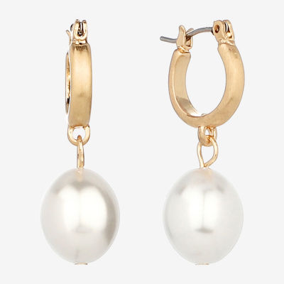 Monet Jewelry Gold Tone Drop Simulated Pearl 31mm Oval Hoop Earrings