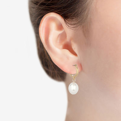 Monet Jewelry Gold Tone Drop Simulated Pearl 31mm Oval Hoop Earrings