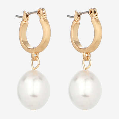 Monet Jewelry Gold Tone Drop Simulated Pearl 31mm Oval Hoop Earrings