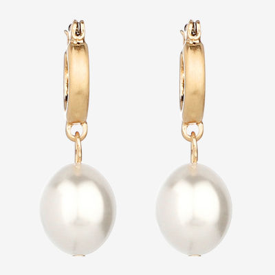 Monet Jewelry Gold Tone Drop Simulated Pearl 31mm Oval Hoop Earrings