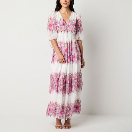 Melonie T Womens Elbow Sleeve Floral Maxi Dress, 2, White