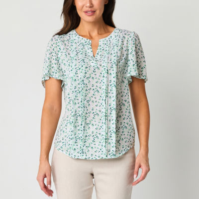 Liz Claiborne Womens Split Crew Neck Short Sleeve Blouse