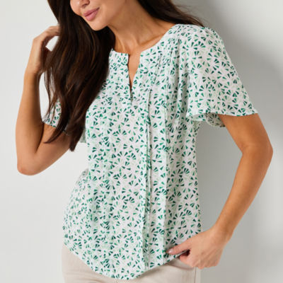 Liz Claiborne Womens Split Crew Neck Short Sleeve Blouse