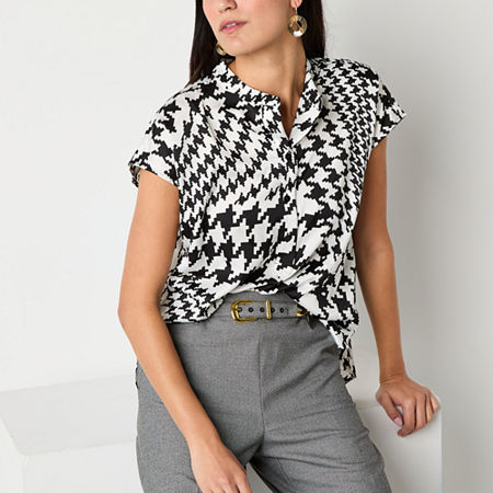 Worthington Womens Henley Neck Short Sleeve Satin Blouse