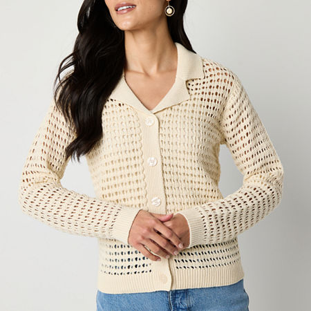 a.n.a Womens Long Sleeve Button Front Pointelle Cardigan, Large, Beige