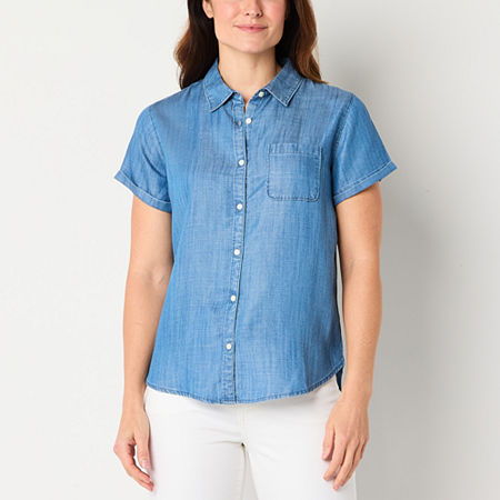 St. John's Bay Womens Short Sleeve Regular Fit Button-Down Shirt