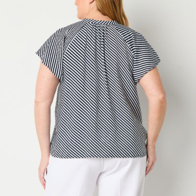 Liz Claiborne Womens Split Crew Neck Short Sleeve Flutter Sleeve Regular Fit Plus Button-Down Shirt