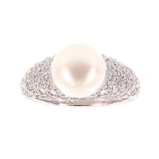 DiamonArt® Cultured Freshwater Pearl and Cubic Zirconia Sterling Silver Ring