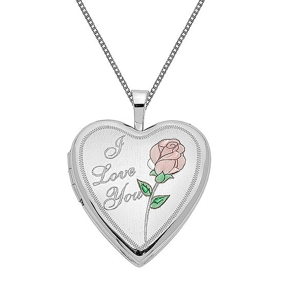 I_Love_You Womens 14K White Gold Heart Locket Necklace