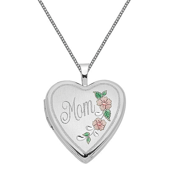 Mom Womens 14K White Gold Heart Locket Necklace
