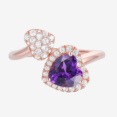 Gemstone 14K Rose Gold Over Silver Heart Halo Bypass Cocktail Ring