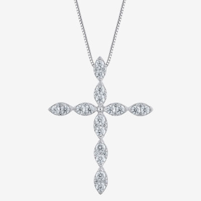 Diamond Blossom (H-I / I1) Womens 1 CT. T.W. Lab Grown White Diamond 10K White Gold Cross Pendant Necklace