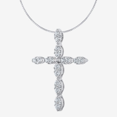 Diamond Blossom (H-I / I1) Womens 1 CT. T.W. Lab Grown White Diamond 10K White Gold Cross Pendant Necklace