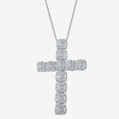 Diamond Blossom (H-I / I1) Womens 1 CT. T.W. Lab Grown White Diamond 10K White Gold Cross Pendant Necklace