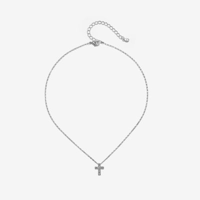 Bijoux Bar Delicates Silver Tone Glass 16 Inch Figaro Cross Pendant Necklace