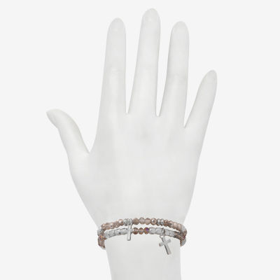 Bijoux Bar Delicates Silver Tone 2-pc. Glass Bead Cross Bracelet Set