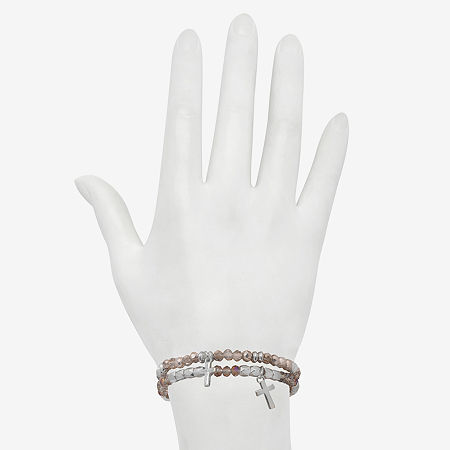 Delicates By Bijoux Bar Silver Tone Glass Bead Cross Stretch Bracelet, One Size, Silver