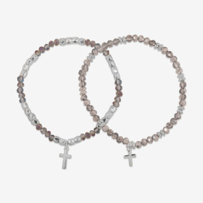 Bijoux Bar Delicates Silver Tone 2-pc. Glass Bead Cross Bracelet Set