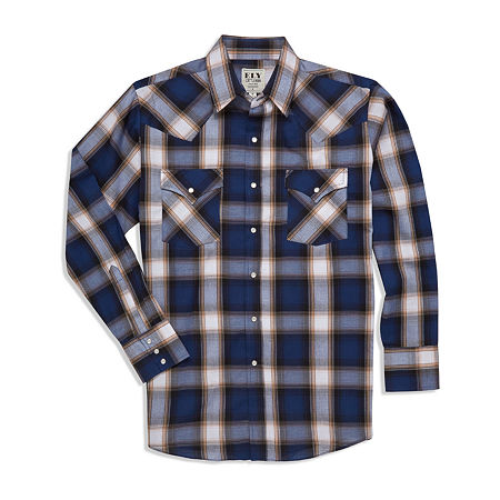 Ely Cattleman Accent Dobby Plaid Mens Long Sleeve Western Shirt, Large, Blue