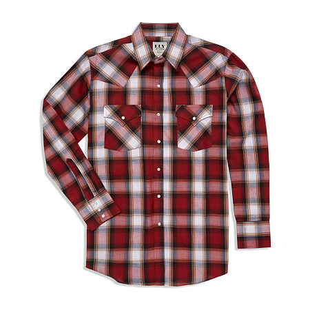 Ely Cattleman Accent Dobby Plaid Mens Long Sleeve Western Shirt, Large, Brown