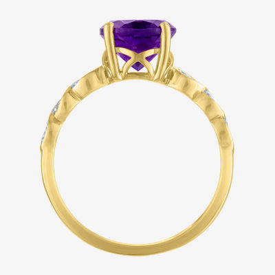 Womens Diamond Accent Genuine Purple Amethyst 10K Gold Oval Side Stone Cocktail Ring