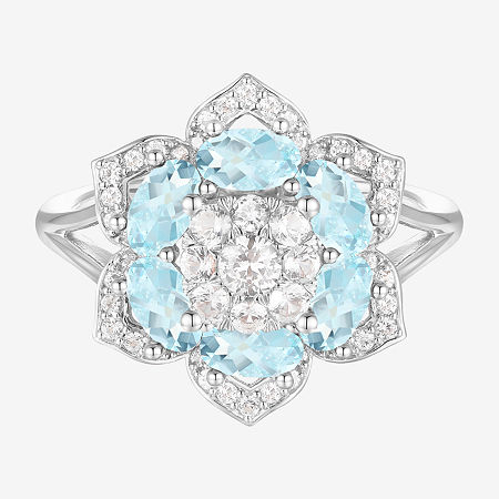 Womens Genuine Blue Aquamarine Sterling Silver Flower Cocktail Ring, 6, Aquamarine