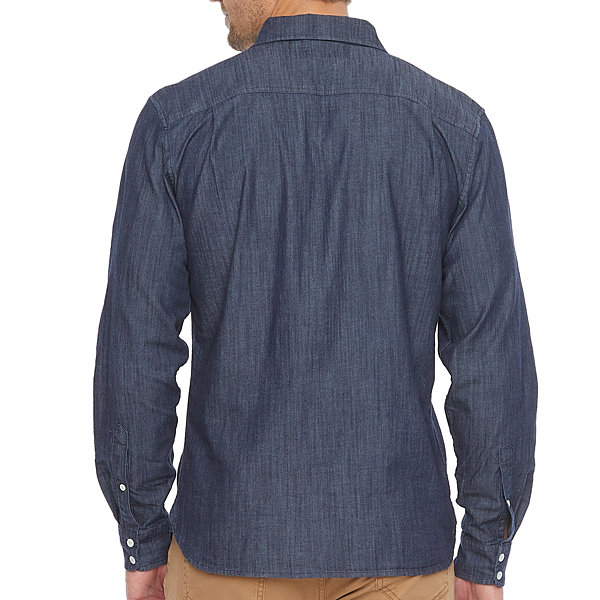 Mutual Weave Stretch Chambray Mens Regular Fit Long Sleeve Button-Down Shirt