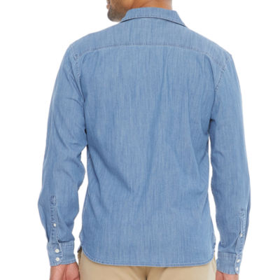 mutual weave Stretch Chambray Mens Long Sleeve Regular Fit Stretch Fabric Button-Down Shirt