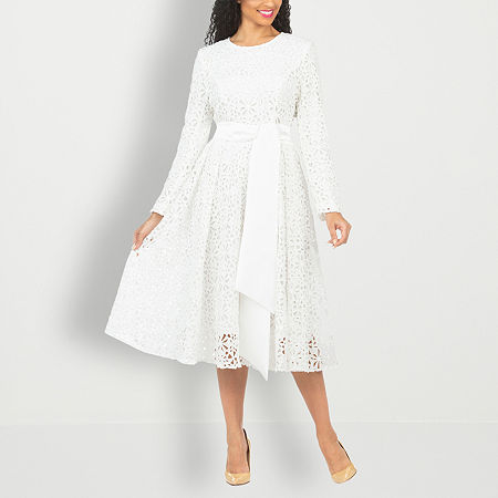 Giovanna Signature Womens Plus Midi Round Neck Long Sleeve Fitted Eyelet Fit + Flare Dress, 16w, White