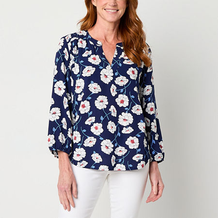 St. John's Bay Tall Womens Y Neck 3/4 Sleeve Blouse