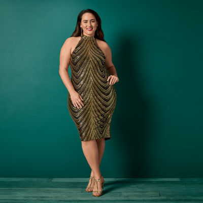 Women's Plus Sequin Halter Midi Dress, Worthington Heeled Sandals, Drop Earrings, DKNY 24/7 Eau De Parfum