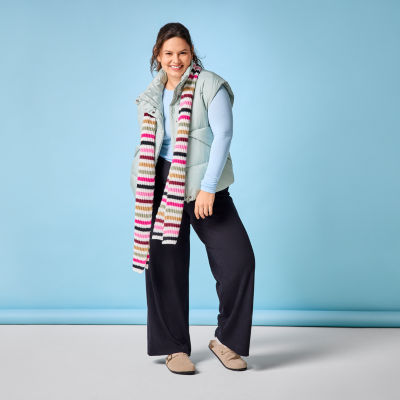 Women's Plus Puffer Vest, Arizona Jeans Co. Long-Sleeve Top, Wide-Leg Pants, Clogs, Reversible Scarf