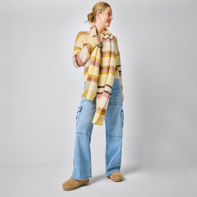 A.n.a Striped Sweater, High-Rise Wide-Leg Cargo Jeans, Winter Boots, Striped Scarf, Murad Hydration Repair Cream