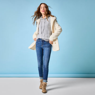 St. John's Bay Sherpa Jacket, Textured Hoodie, Skinny Jeans, Hiking Boots
