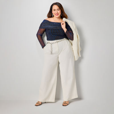Women's Plus Worthington Corduroy Jacket, Off-The-Shoulder Top, Wide-Leg Pants, Chain Belt, Heeled Sandals, Hoop Earrings, Buxom Satin Lipstick
