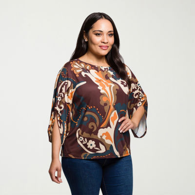 24seven Comfort Apparel Womens Plus Boat Neck 3/4 Sleeve Blouse