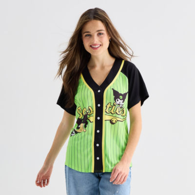 Hello Kitty x Powerpuff Girls Baseball Jersey Womens Juniors V Neck Short Sleeve Jersey