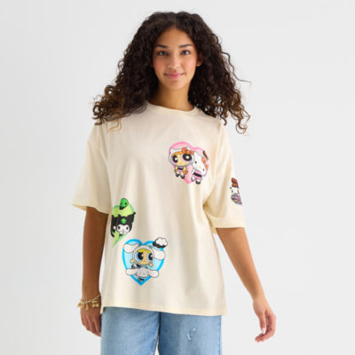 Womens Hello Kitty x Powerpuff Girls Juniors Crew Neck Short Sleeve Oversized Graphic T-Shirt