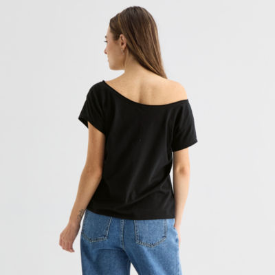 Forever 21 Womens Juniors Asymmetrical Neck Short Sleeve Graphic T-Shirt