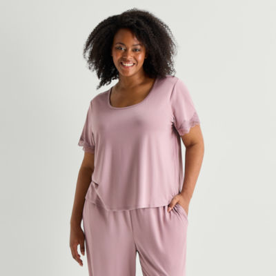 Ambrielle Womens Round Neck Short Sleeve Plus Pajama Top